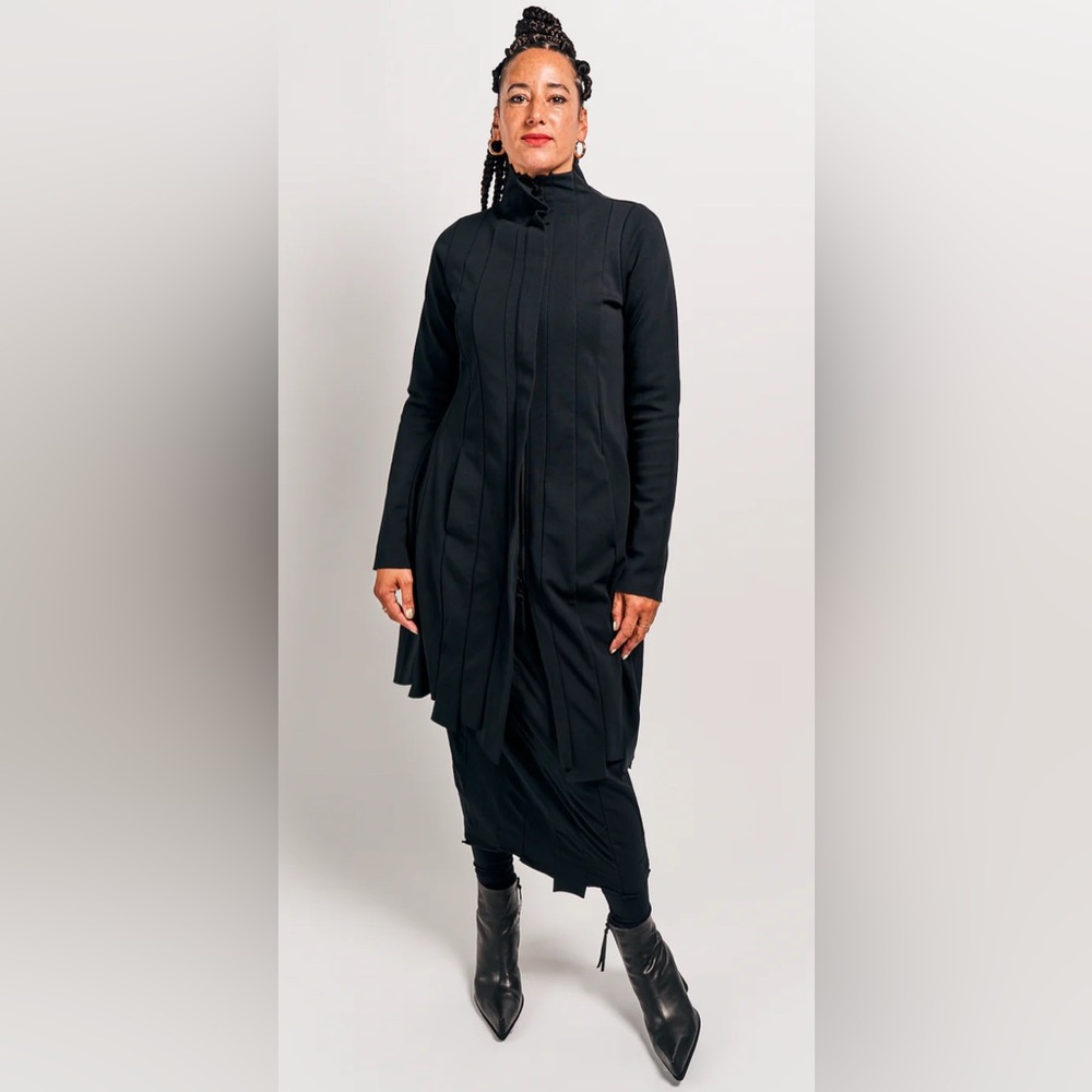 Black Long Women's Coat - Modern High Collar Jacket